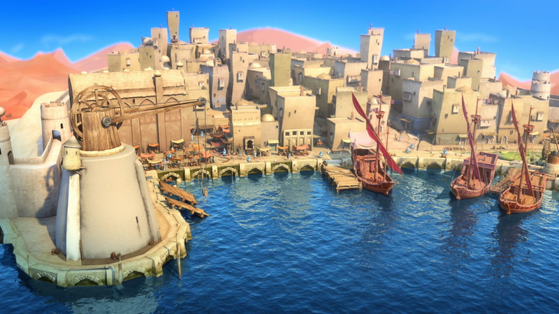 Production still from animated TV series Sherazade The Untold Stories of an ancient port town with ships in the harbour.